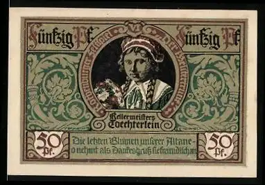 Notgeld Rothenburg ob der Tauber 1921, 50 Pfennig, Portrait Kellermeisters Töchterlein