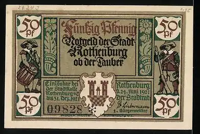 Notgeld Rothenburg ob der Tauber 1921, 50 Pfennig, Portrait Kellermeisters Töchterlein
