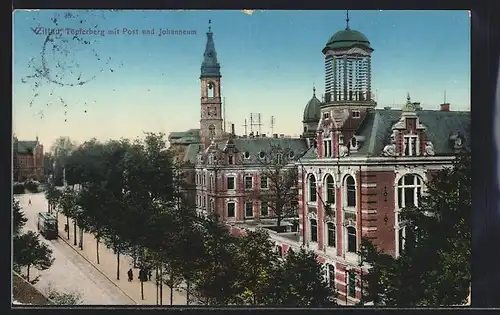 AK Zittau Töpferbergstrasse mit Post & Johanneum, Strassenbahn