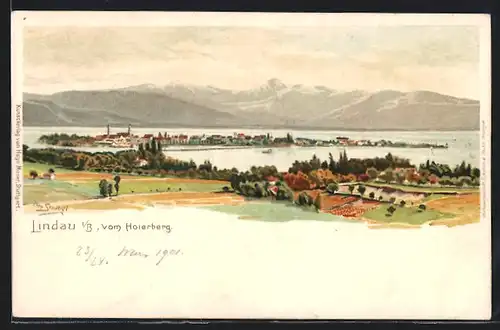 Lithographie Lindau i. B., Ortsansicht vom Hoierberg