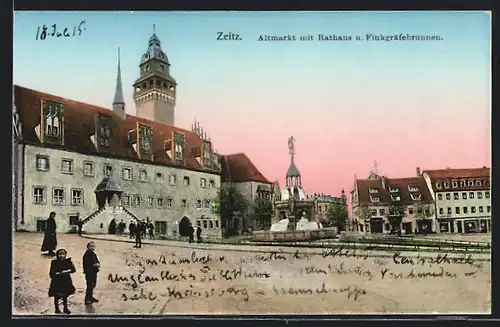 AK Zeitz, Altmarkt mit Rathaus und Finkgräfebrunnen