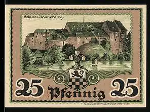 Notgeld Ronneburg Thür. 1921, 25 Pfennig, Gewässer mit Schloss im Hintergrund, Trachtenpaar