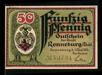 Notgeld Ronneburg / Thür. 1921, 50 Pfennig, Wappen und Eiche, Rathaus