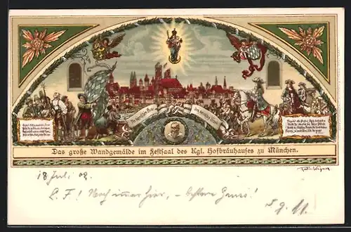 Lithographie Das grosse Wandgemälde im Festsaal des Kgl. Hofbräuhauses zu München