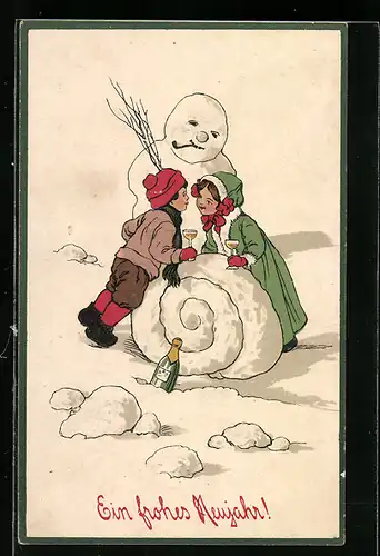 AK Kinder mit Schneemann und Sekt