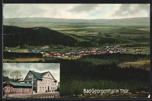 AK Bad Georgenthal /Th., Ortsansicht aus der Vogelschau, Gasthaus Thüringer Wald