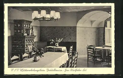 AK Beddelhausen, NSV-Müttereholungsheim Gau Westfalen-Süd, Stube mit Ofen