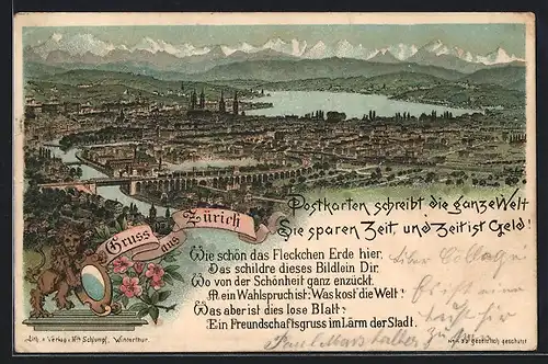 Lithographie Zürich, Totalansicht mit Gedicht