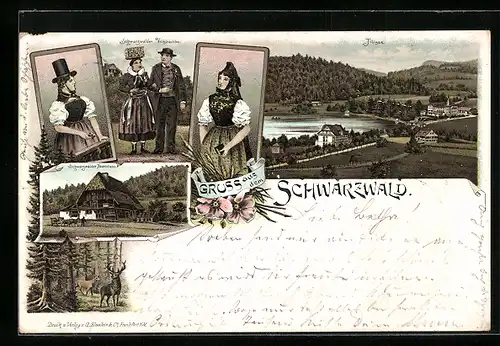 Lithographie Titisee im Schwarzwald, Menschen in Tracht, Bauernhaus