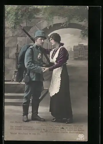 AK österreichischer Soldat in Uniform mit Gewehr beim Abschied von Geliebter