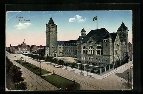 AK Posen / Poznan, Partie am kgl. Schloss, Strassenbahn