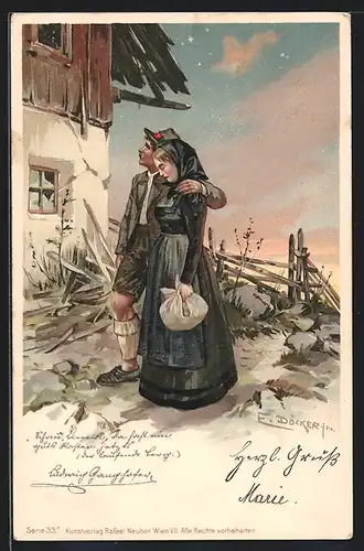 Künstler-Lithographie E. Döcker: Ludwig Ganghofer, Paar vor zerstörtem Haus