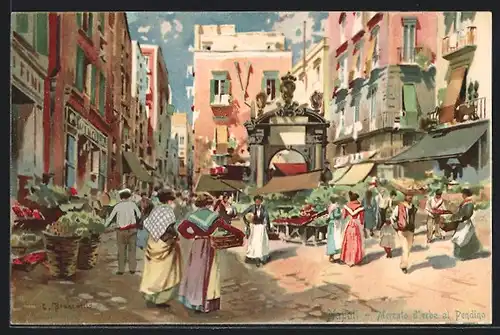 Lithographie Napoli, Mercato d`erbe al Pendino, G. Branccio