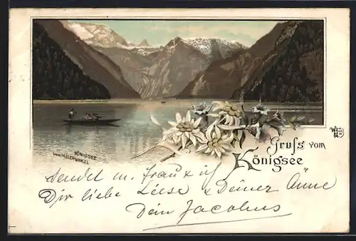 Lithographie Königsee, Teilansicht mit Boot vom Malerwinkel