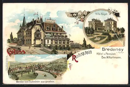 Lithographie Bredeney, Hotel Villa Hügel, Hotel Ruhrstein, Werden vom Ruhrstein aus