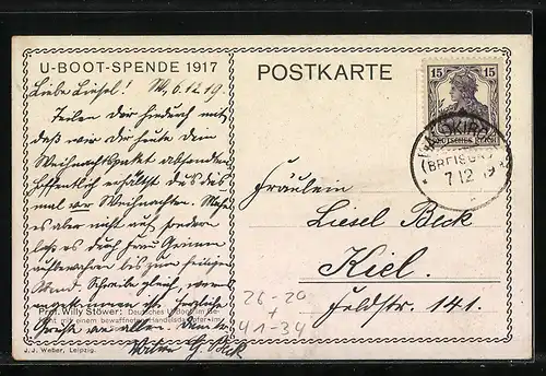 Künstler-AK Willy Stoewer: U-Boot-Spende 1917, Deutsches U-Boot im Gefecht...