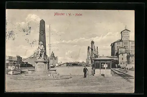 AK Münster i. W., Hafen mit Denkmal und Passant