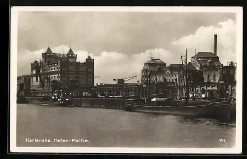 AK Karlsruhe i. B., Hafen-Partie aus der Vogelschau