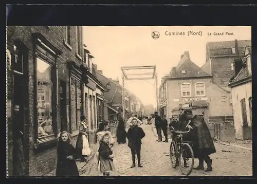 AK Comines, Le Grand Pont, Brücke und Cafe Belle Vue