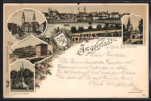 Lithographie Ingolstadt, Friedenskaserne, Rathaus mit Pfarrkirche, Kreuzthor