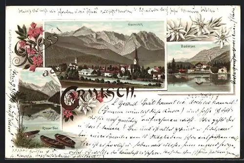 Lithographie Garmisch, Ortsansicht, Risser See, Badersee