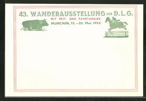 Künstler-AK München, 43. Wanderausstellung der D. L. G. mit Reit- und Fahrturnier 1955, Springreiter, Rind