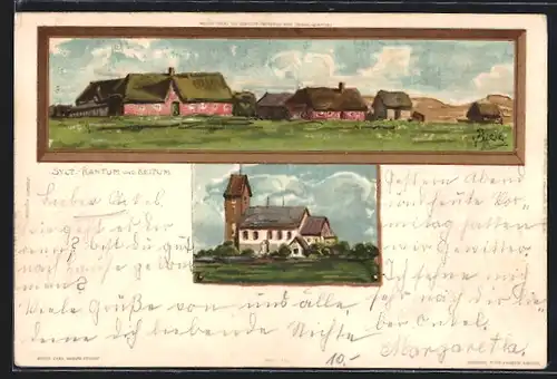 Lithographie Rantum /Sylt, Ortsansicht und Keitum