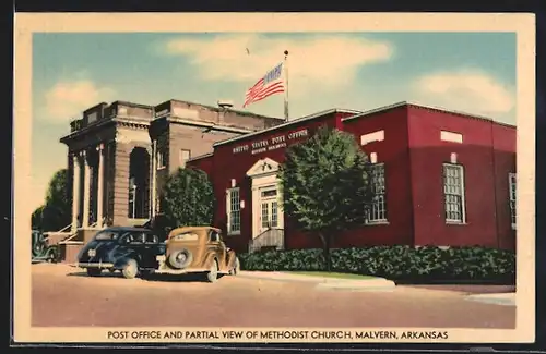 AK Malvern, AR, Post Office and Partial View of Methodist Church