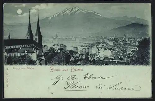 Mondschein-AK Luzern, Ortsansicht mit Pilatus