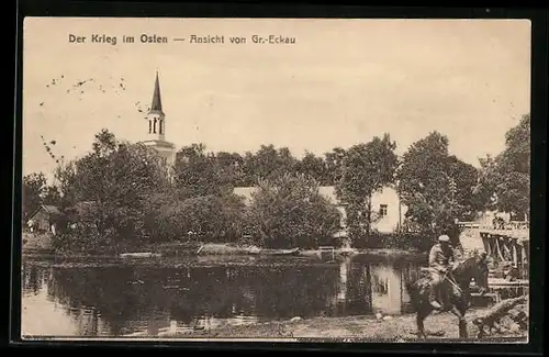 AK Gr. Eckau, Brücke im Ort, Kirchturm