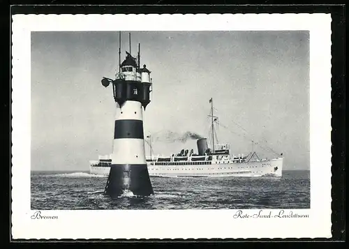 AK Bremen, Rote-Sand-Leuchtturm und Dampfer