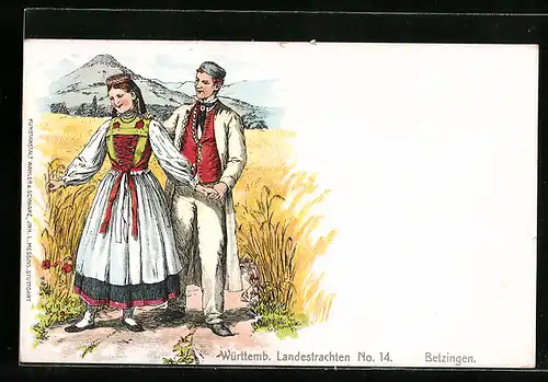 Lithographie Betzingen, Paar in schwäbischer Tracht vor Getreidefeld und Bergkulisse