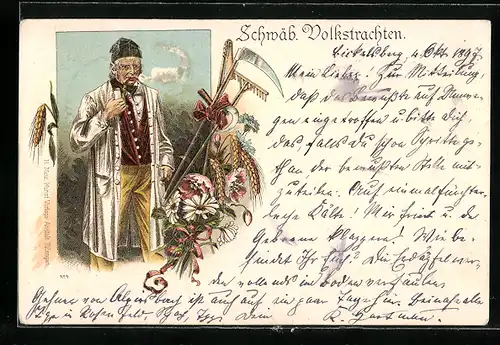 Lithographie Schwabe mit Pfeife in Tracht, Stilleben mit Sense und Blumen