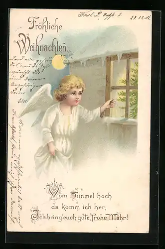 Lithographie Weihnachtsengel sieht durch ein Fenster