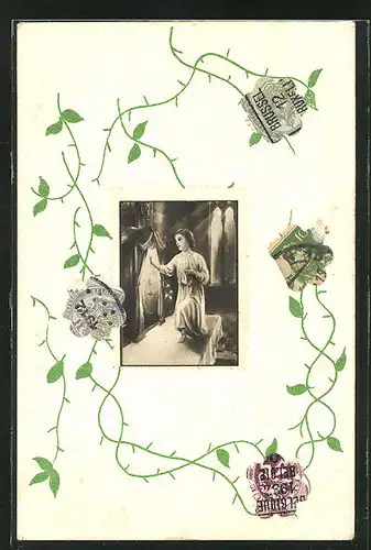 AK Briefmarkencollage kniende Frau und Blumen