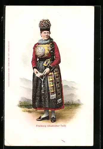 Lithographie Schweiz, Freiburg, Frau in volkstypischer Tracht