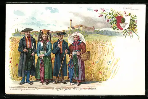 Lithographie Männer und Frauen in bayerischer Tracht