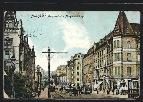 AK Budapest, Margit-körut, Margareten-Ring, Strassenbahnen, Pferdegespann