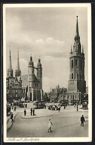 AK Halle / Saale, Marktplatz mit Strassenbahn und Marktstand