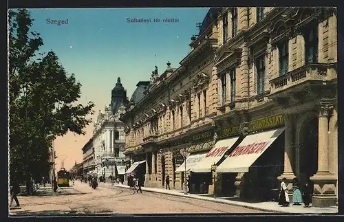 AK Szeged, Szécsényi tér részlet, Strassenbahn