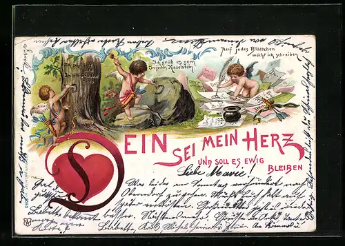 Lithographie Amor schreibt Briefe, meisselt etwas in einem Stein und ritzt etwas in einem Baum