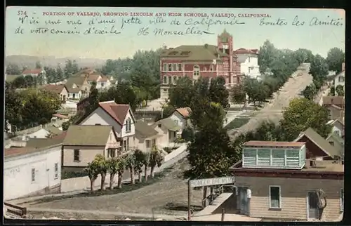 AK Vallejo, CA, Portion showing Lincoln and High Schools, Pioneer Brewery, Brauerei