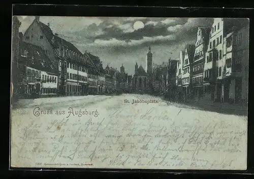 Lithographie Augsburg, St. Jakobsplatz mit alten Häusern