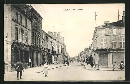 AK Ligny. Rue Leroux, Strassenpartie mit Radfahrer