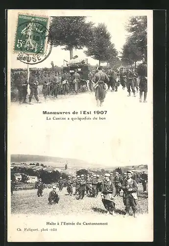 AK Villeroy, Monoeuvres de l'Est 1907, la Vantine a quelquefois du bon, Halte a l'Entree du Cantonnement