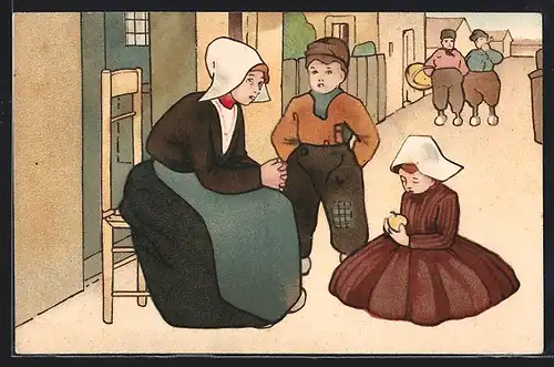 Lithographie Niederländische Strassenszene mit Mutter und Kindern