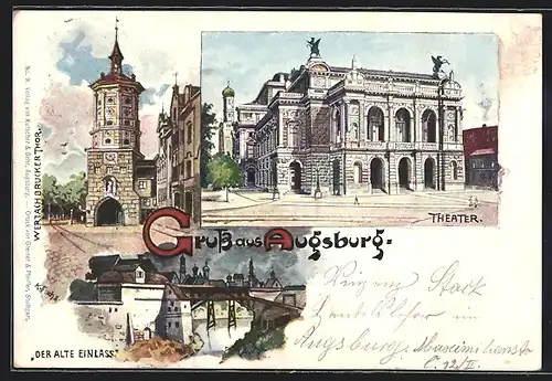 Künstler-Lithographie Augsburg, Wertachbruckertor, Theater und der Alte Einlass