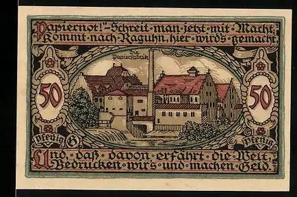 Notgeld Raguhn 1921, 50 Pfennig, die Papierfabrik