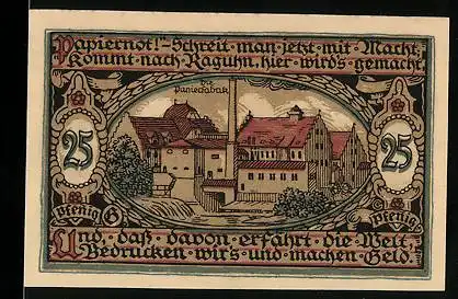 Notgeld Raguhn 1921, 25 Pfennig, Ortsansicht mit der Papierfabrik