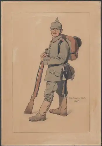 Handzeichnung 43cm x 29,5cm / Ansichtskarten-Entwurf P.O. Engelhard, München, Aquarell-Kreidezeichnung Infanterist